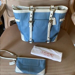 Blue & white coach purse with matching wristlet